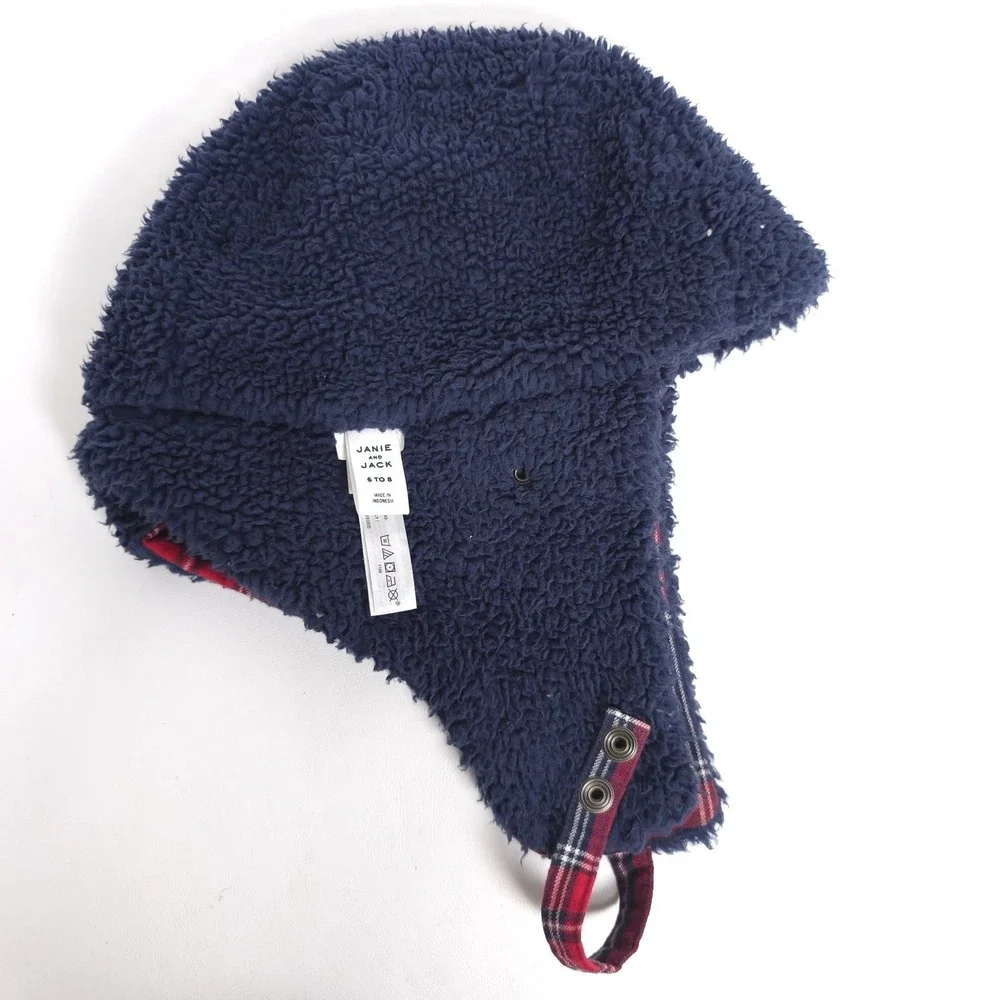 JANIE AND JACK Plaid Trapper Hat‎ Size 6 To 8 KIDS Navy Blue Red Check Cotton